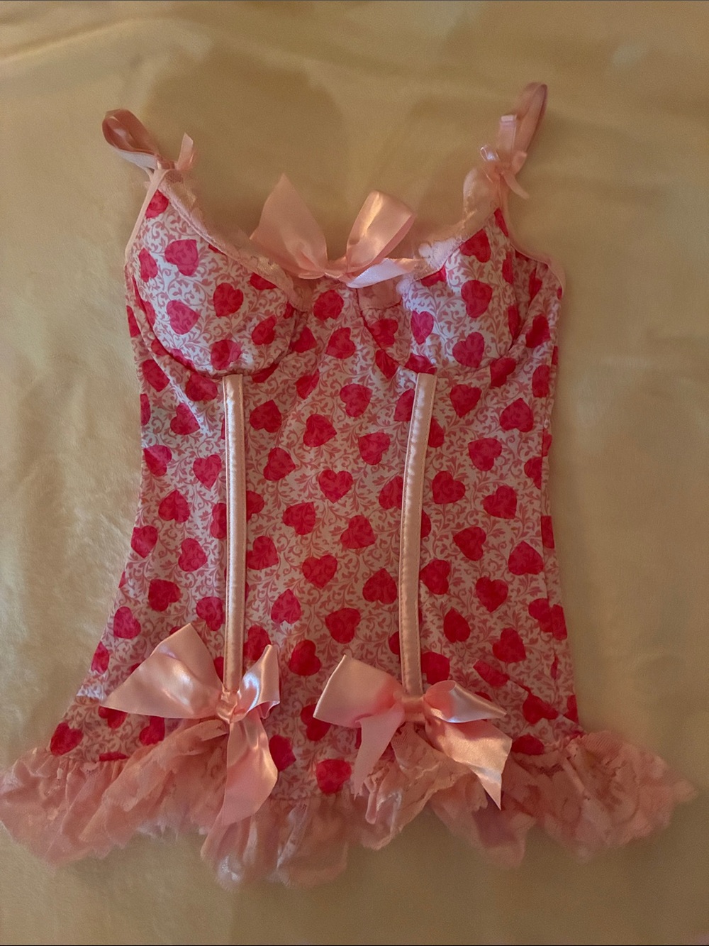 Pink Heart-Print Corset Top with Satin Bows